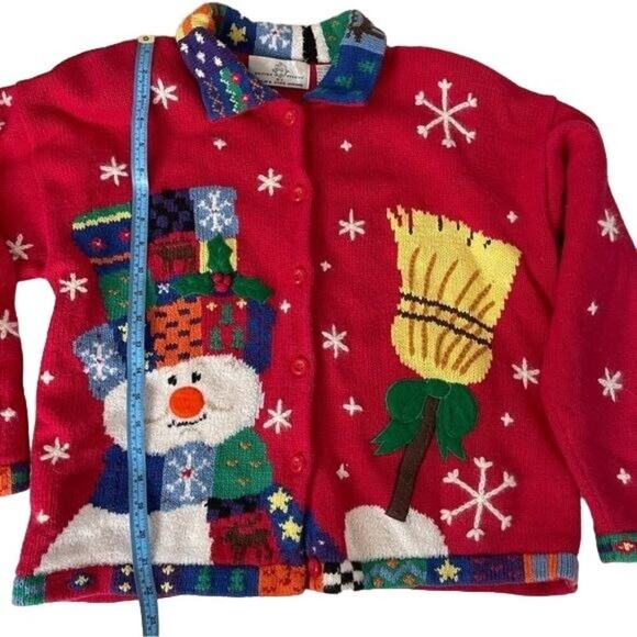 Design Options Phillip Jane Gordon Cardigan Holiday Snowman Patchwork Medium VTG - Picture 11 of 16